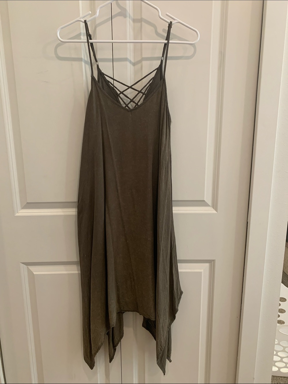 Love Riche Olive Green Asymmetrical Handkerchief Hem Dress